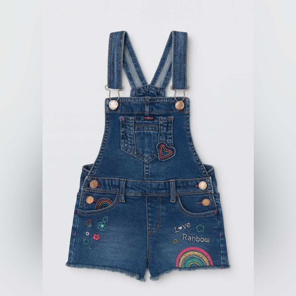 Jordache Girls’ Denim Overall Shorts – Size 4T rainbow embroidery